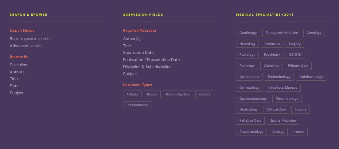 Database architecture — search and browse modes, submission metadata, and specialty taxonomy