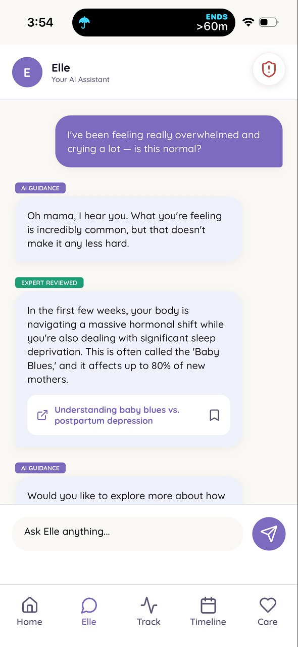 Elle conversation — AI guidance and expert-reviewed content labels visible