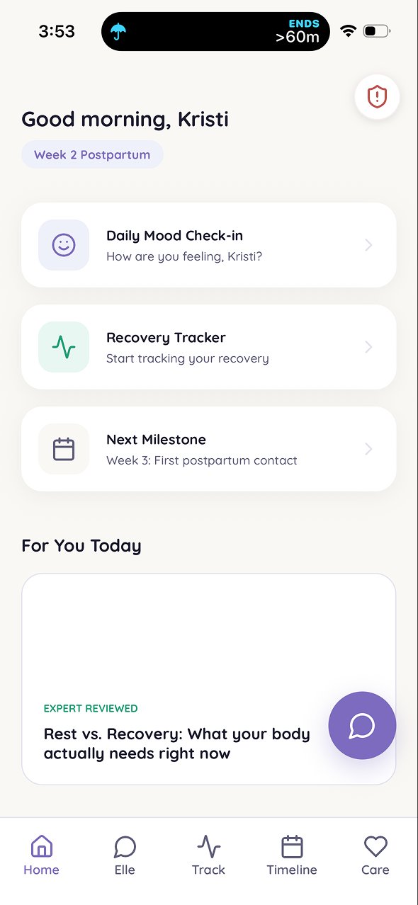 home dashboard — personalized greeting, mood check-in, recovery tracker, next milestone