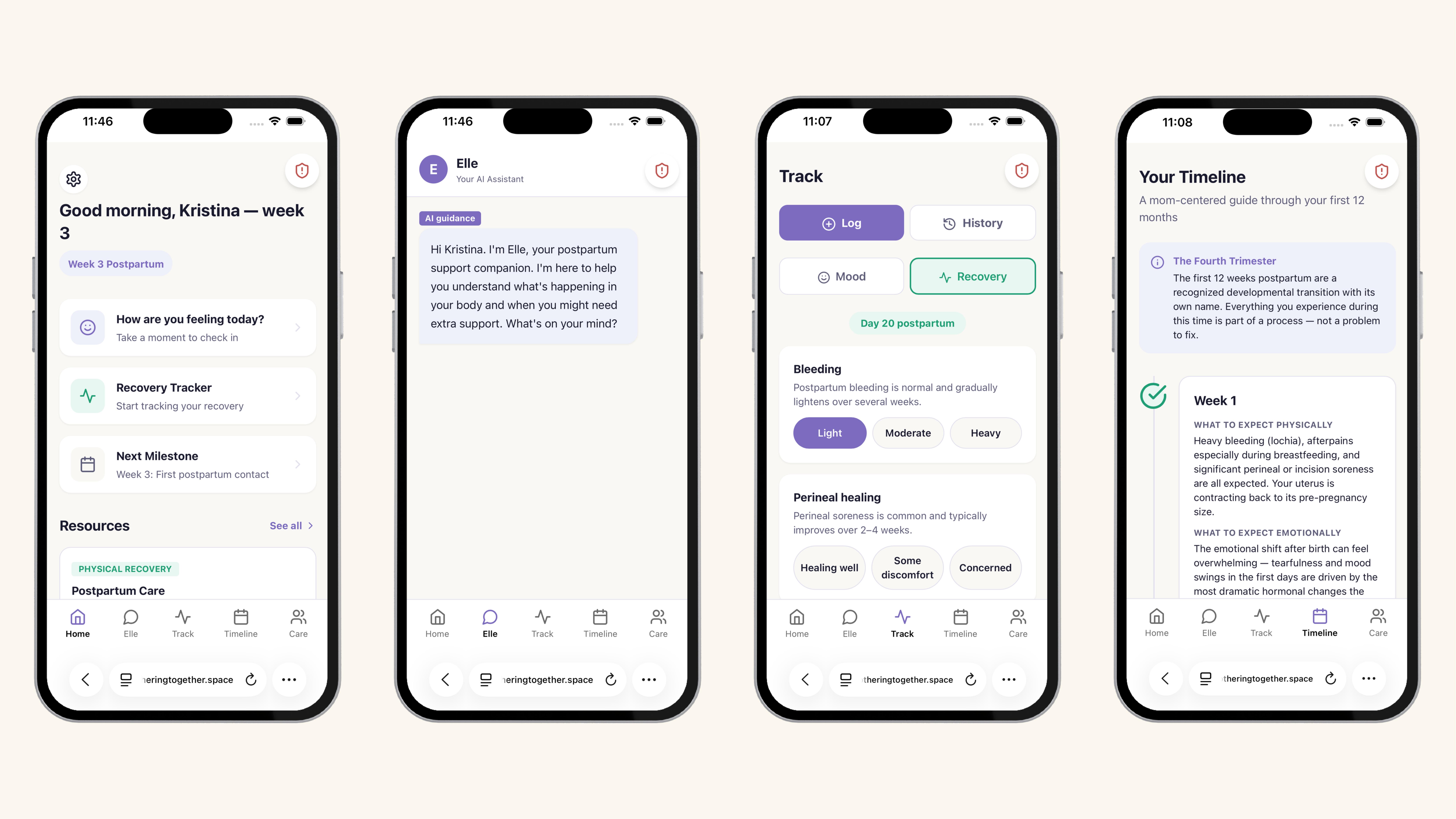 four key screens — home, elle, track, and timeline