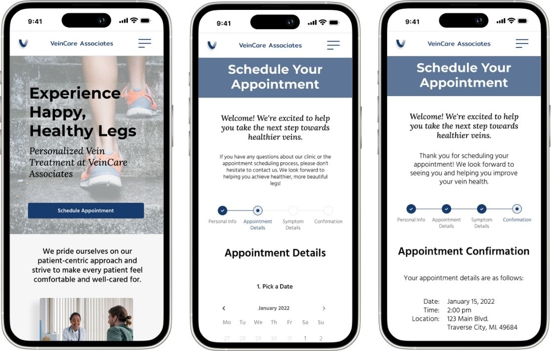 final screens — homepage, appointment details with calendar, and confirmation