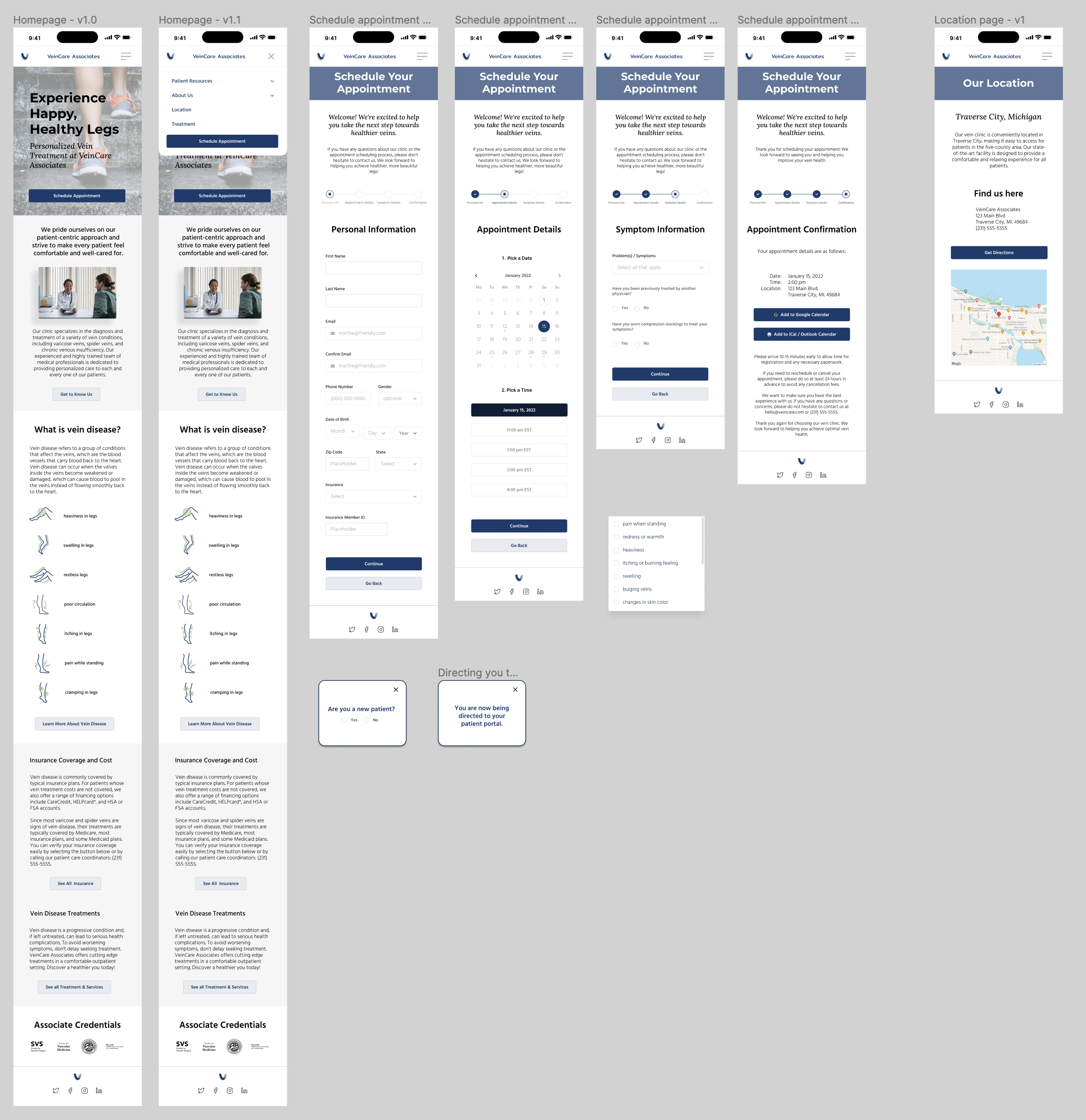 High-fidelity screens — homepage, vein disease education, scheduling flow, and confirmation