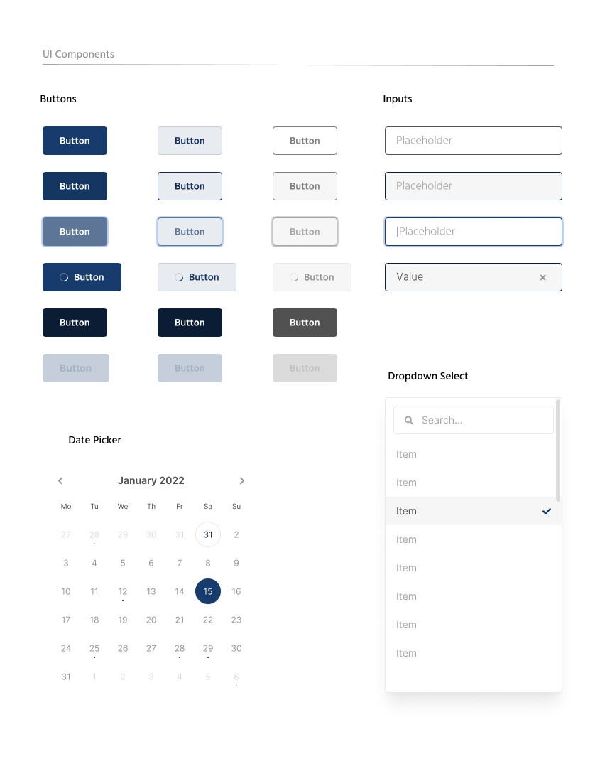 UI component library — buttons, inputs, date picker, and dropdown select states